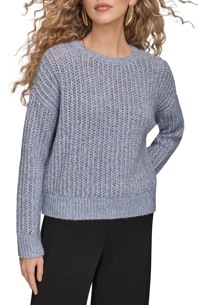 Donna Karan New York Open Stitch Crewneck Sweater, Main, color, Tempest