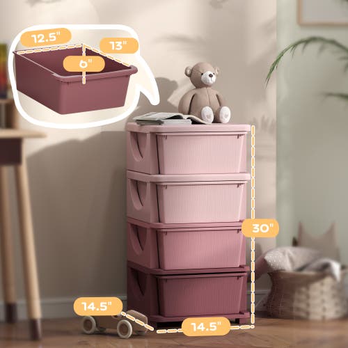 Qaba 4-tier Kids Storage Unit With Drawers In Pink