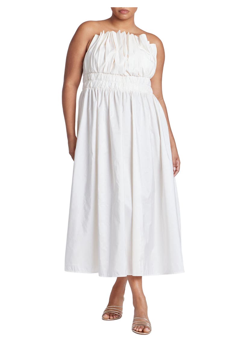 Pleated Ruffle Neckline Midi Dress, Main, color, NEUTRAL CREAM