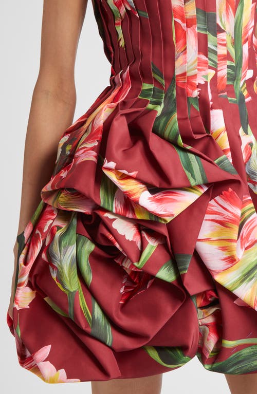 Carolina Herrera Tulip Print Pleated Draped Minidress In Burgundy