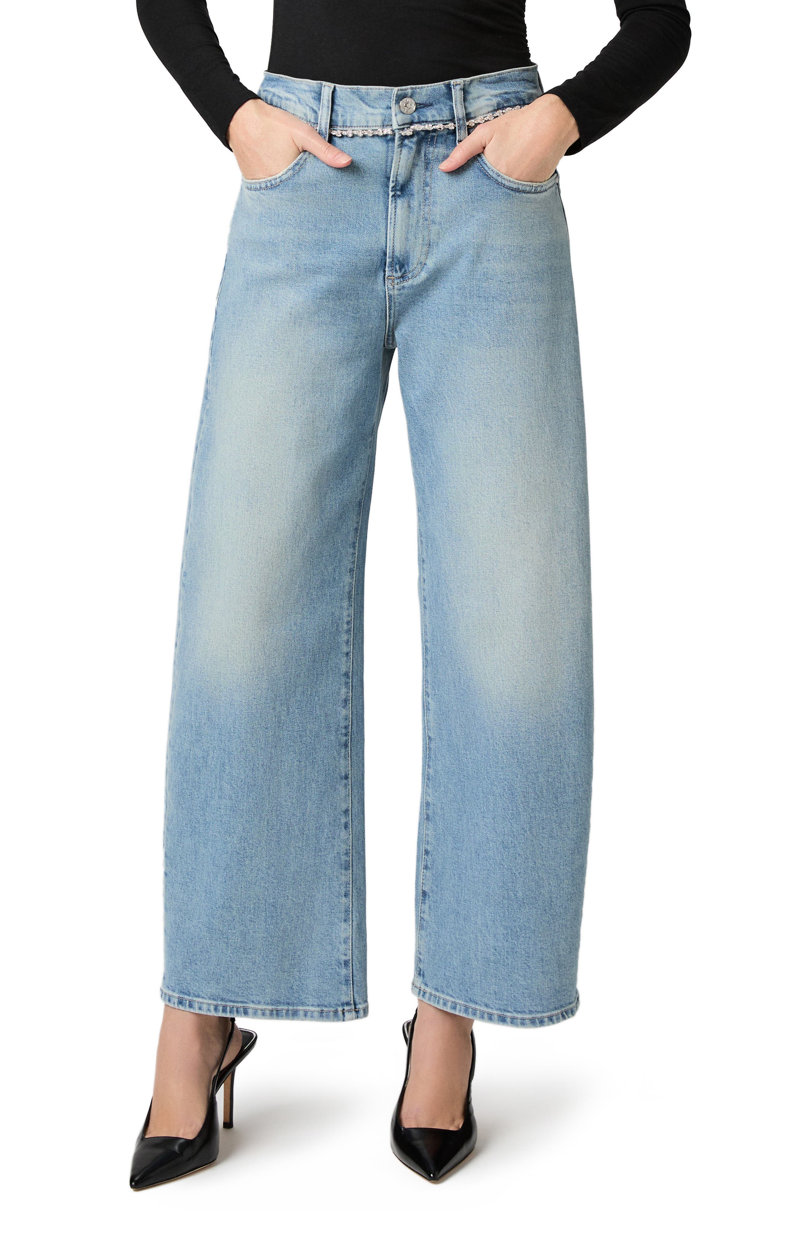 PAIGE Arellia Rhinestone Detail High Waist Wide Leg Ankle Jeans