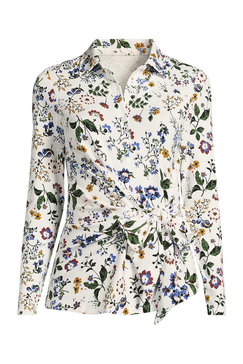 Plus Size Long Sleeve Lightweight Jersey Adjustable Tie Collar Top, Alternate, color, Ivory Multi Floral
