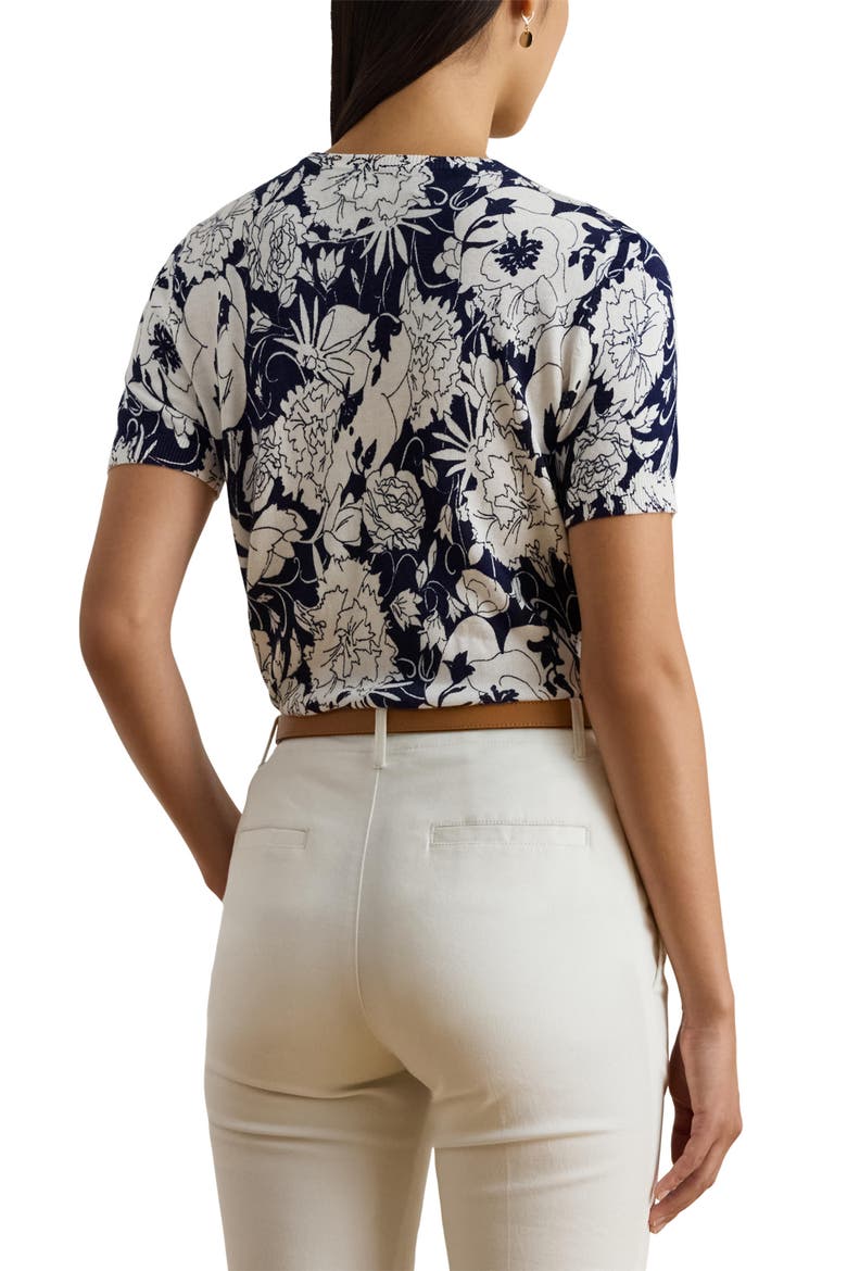 Floral Print Short Sleeve Sweater, Alternate, color, WHITE/ NAVY BLUE