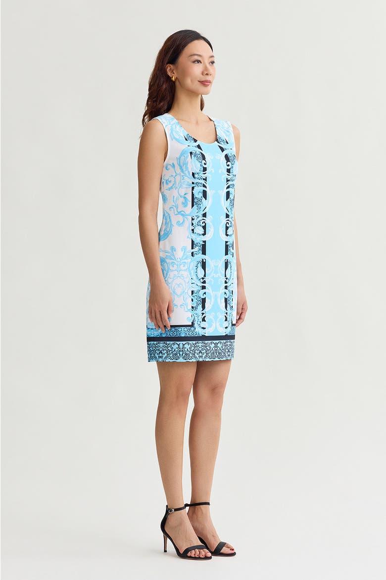 Filigree Printed Lined Stretch Deco Crepe Sheath Dress, Alternate, color, Serene/White/Black
