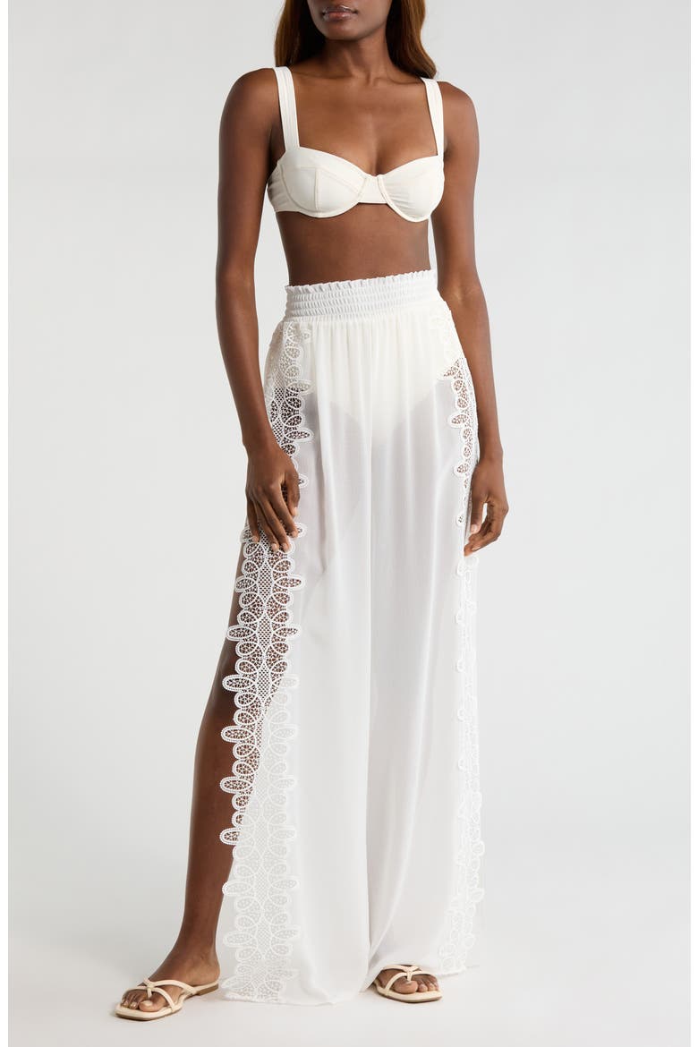 Athena Lace Semisheer Split Hem Wide Leg Cover-Up Pants, Main, color, WHITE