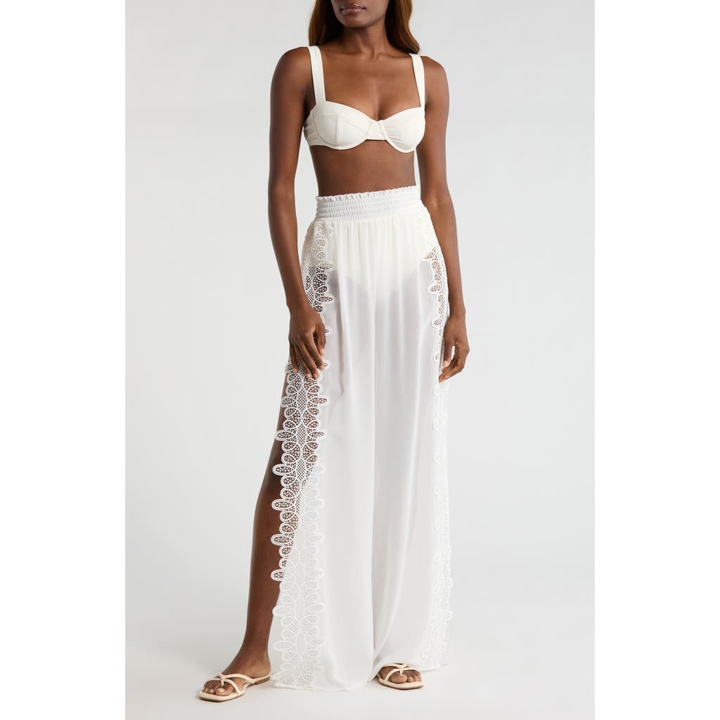 Ramy Brook Athena Lace Semisheer Split Hem Wide Leg Cover-Up Pants in White at Nordstrom, Size X-Small