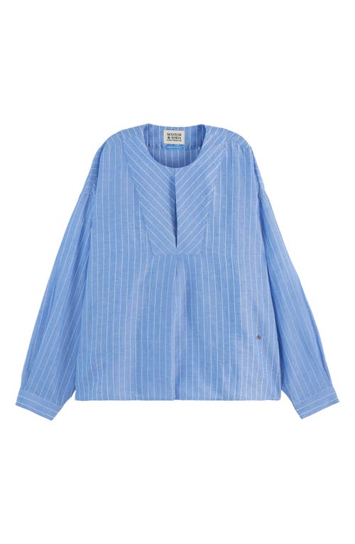 Scotch & Soda Stripe Bib Cotton & Linen Top In Blue And White Pin Stripe
