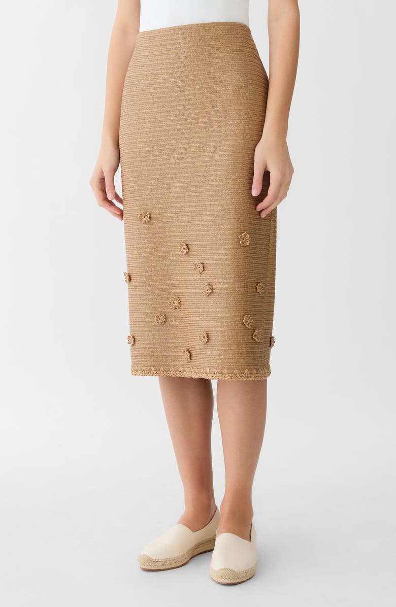 Lafayette 148 New York Floral Appliqué Raffia Effect Midi Skirt, Alternate, color, Teak
