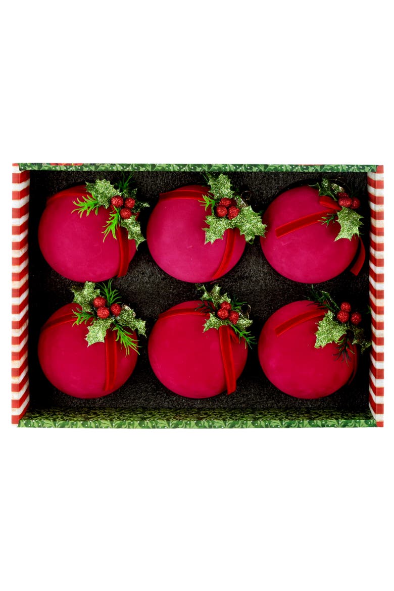 Festive Bow Holly Ornament, Box of 6, Alternate, color, Raspberry