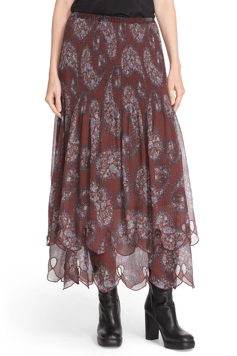 Floral Paisley Print Tiered Skirt, Main, color, FIG