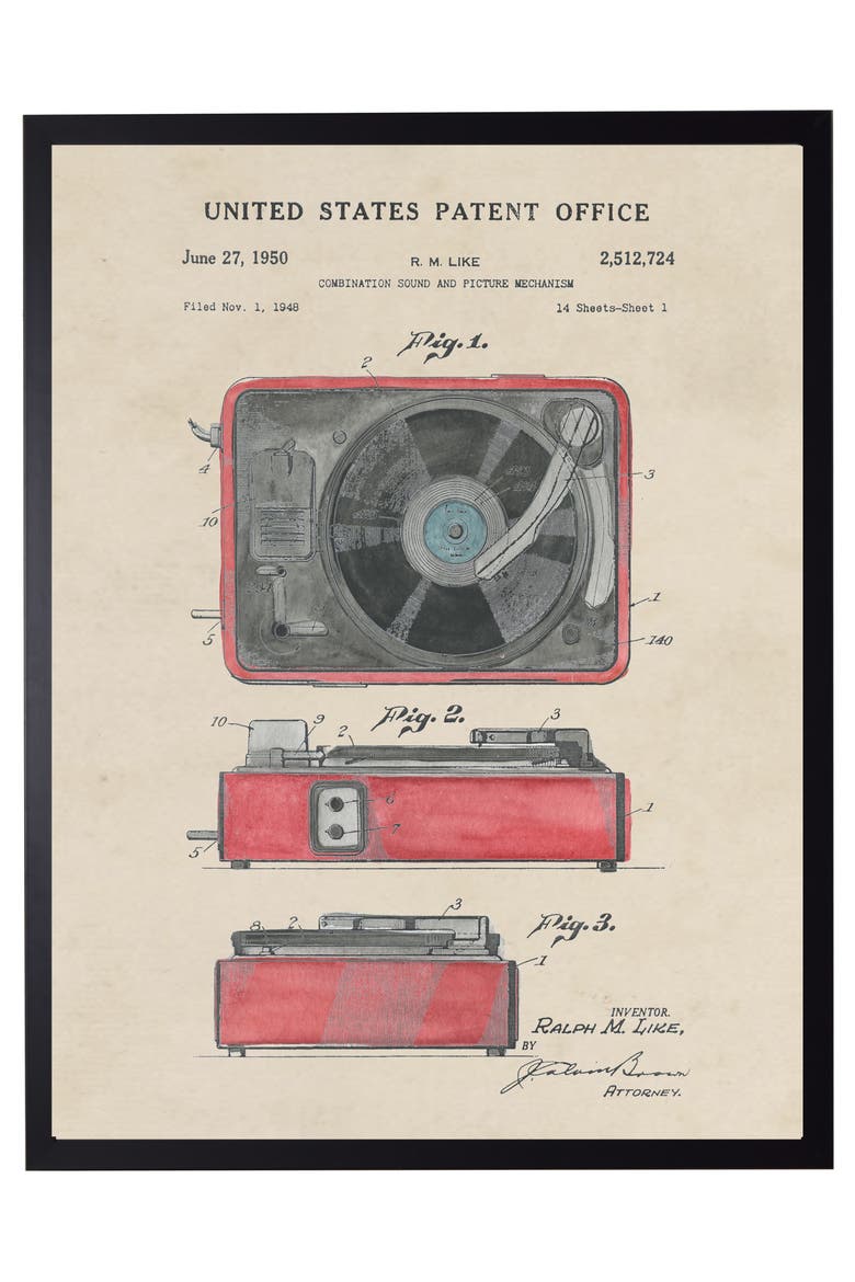 Record Player Patent in Black Frame, Main, color, No Color