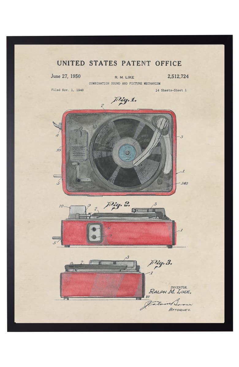 Antique Curiosities Record Player Patent in Black Frame, Main, color, NO COLOR