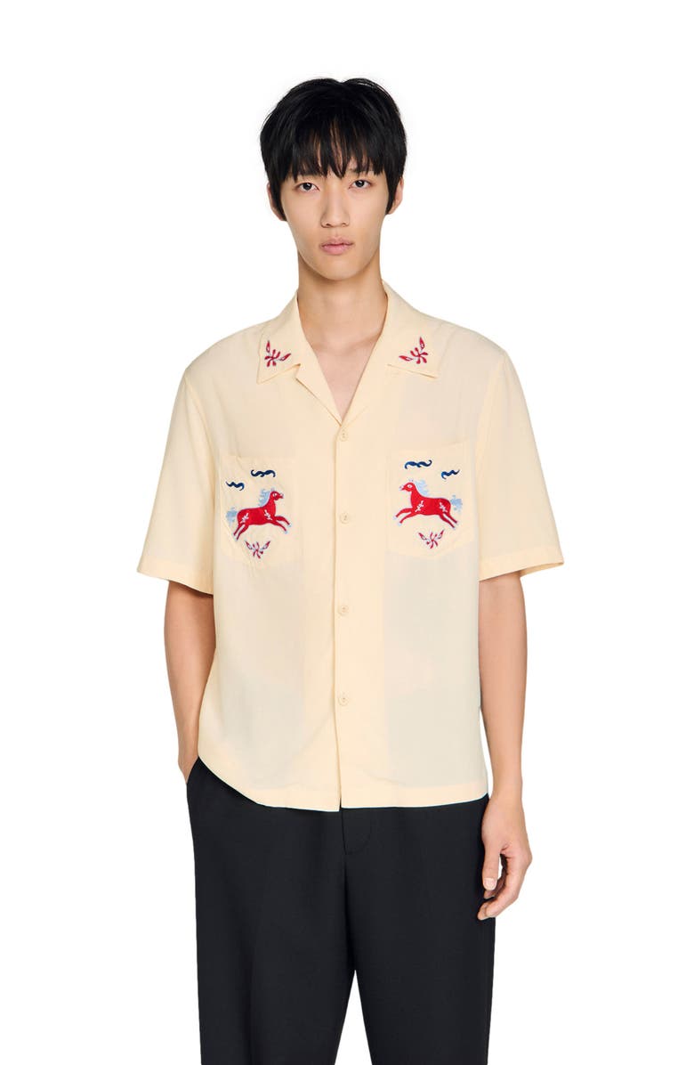 SANDRO Embroidered horse loose-fit shirt, Alternate, color, Butter Cream