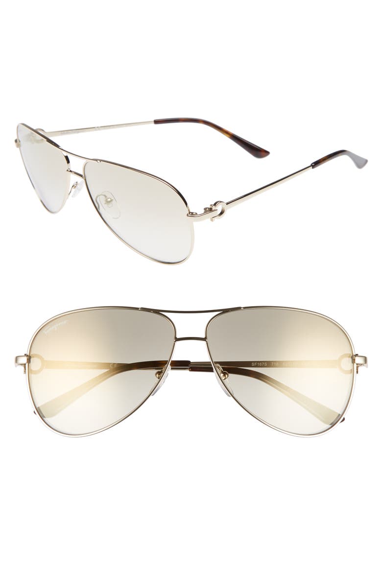 Salvatore Ferragamo Gancio 62mm Aviator Sunglasses, Main, color, SHINY GOLD