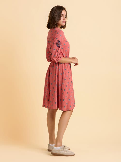 Brakeburn Rolling 3/4 Sleeve Round Neck Midi Dress In Brown