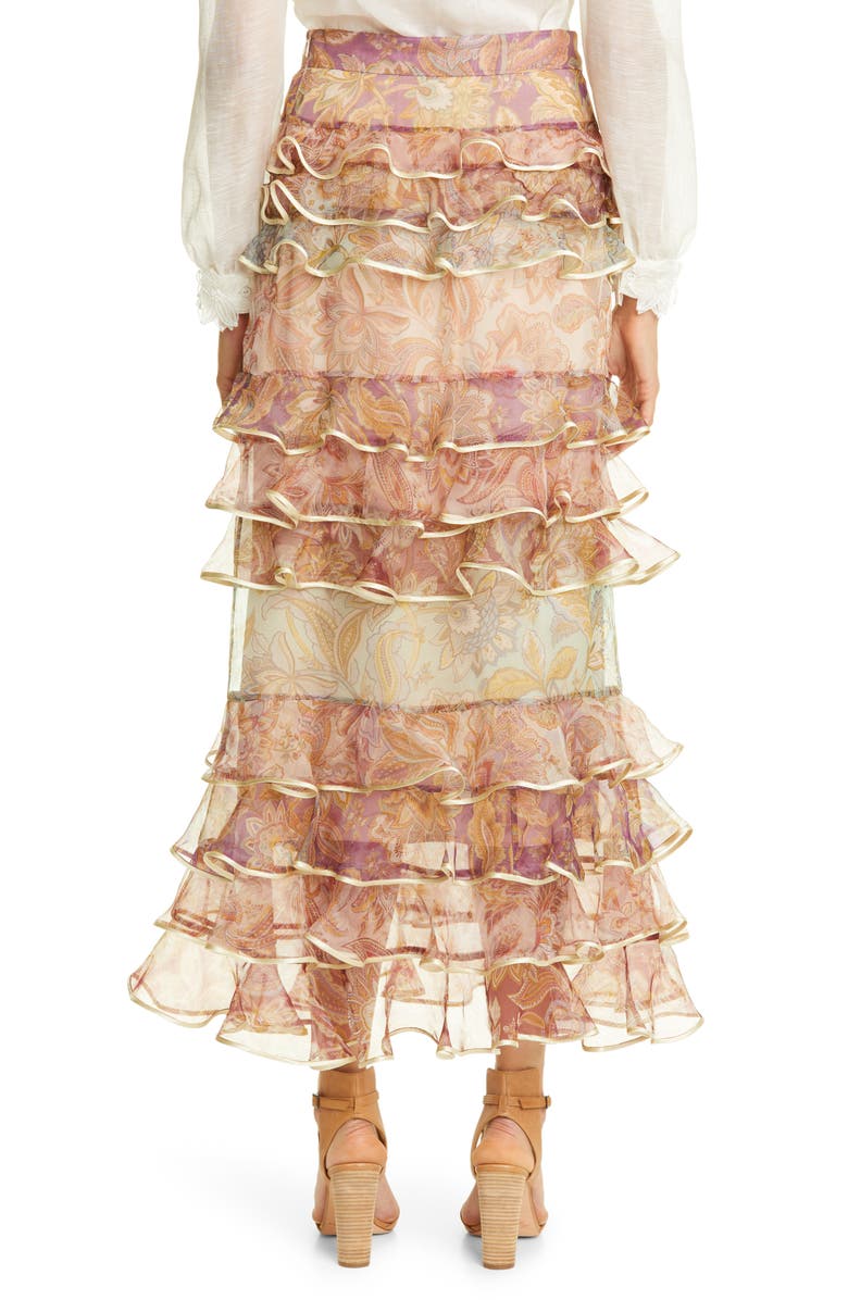Zimmermann Lucky Paisley Tiered Ruffle Silk Skirt, Alternate, color,