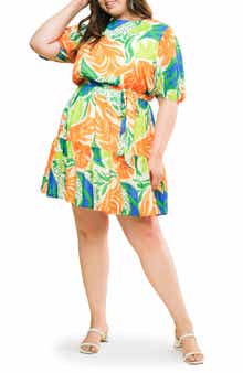 FLYING TOMATO Printed Tie Waist Puff Sleeve Minidress