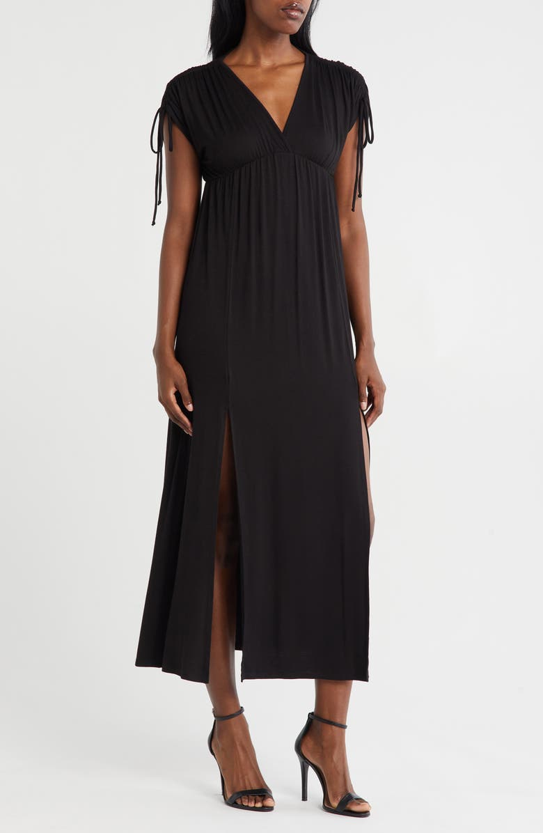 Loveappella Shoulder Tie Maxi Dress, Main, color, Black