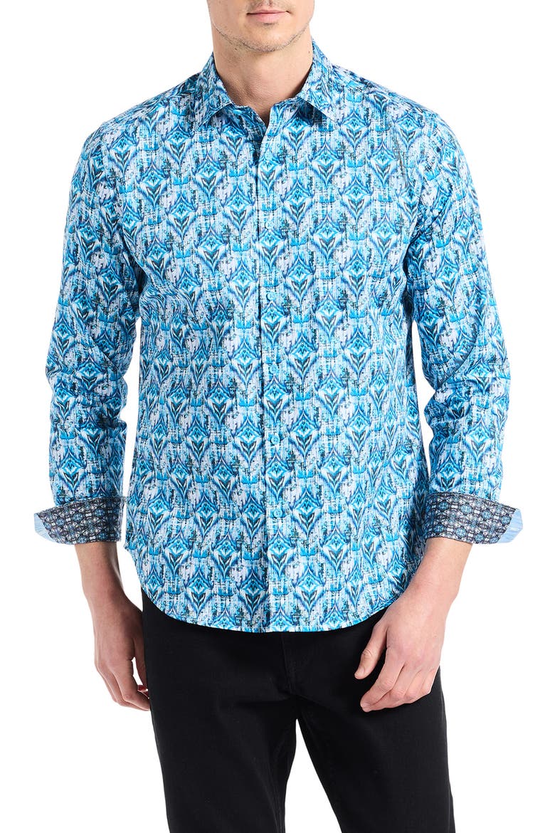 Enzo Geometric Print Button Up Shirt, Main, color, BLUE MULTI