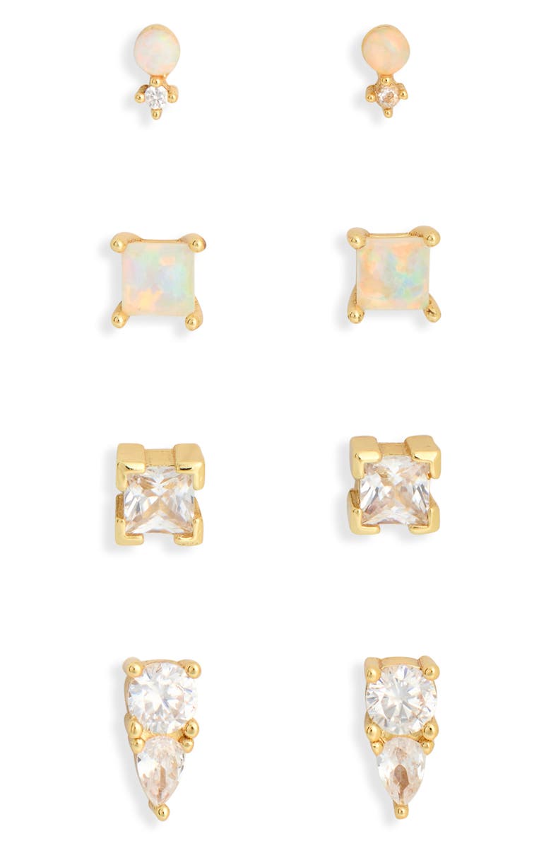NORDSTROM RACK Set of 4 Cubic Zirconia Square Stud Earrings, Alternate, color, Clear- White- Gold