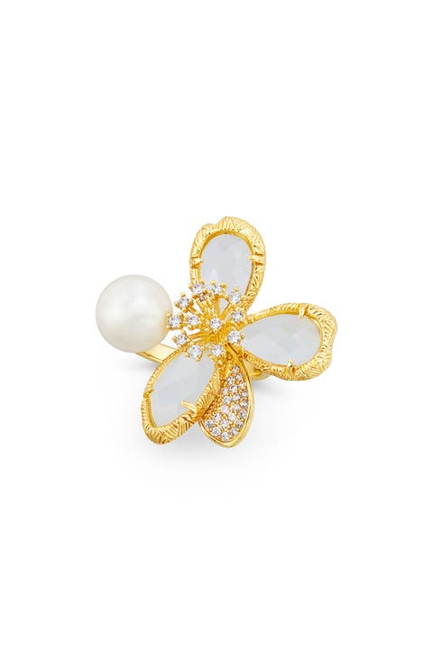 Crystal Flower & Imitation Pearl Ring