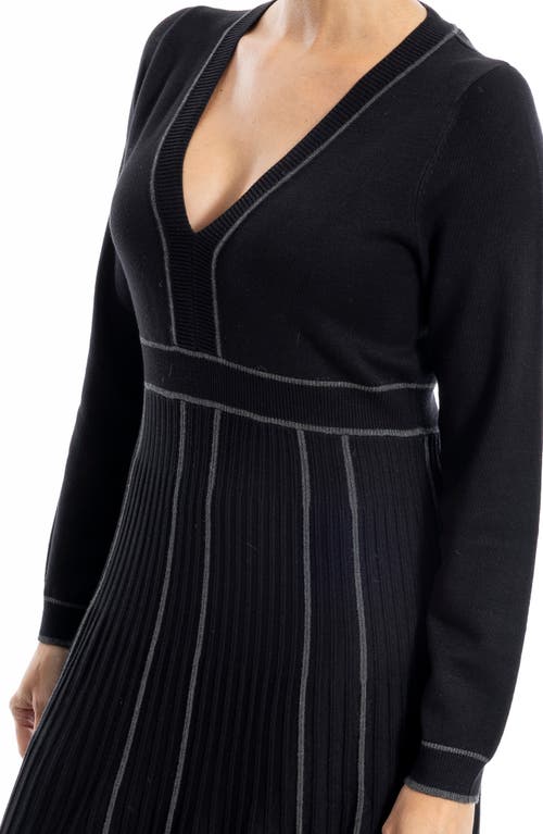 Max Studio Long Sleeve Piped Sweater Dress In Black
