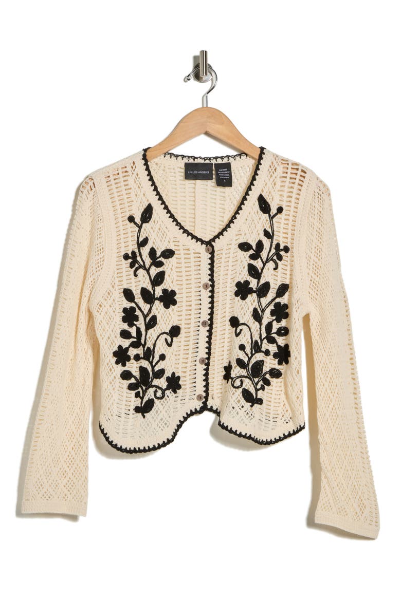 Floral Embroidered Open Stitch Cardigan, Alternate, color, NATURAL/ BLACK