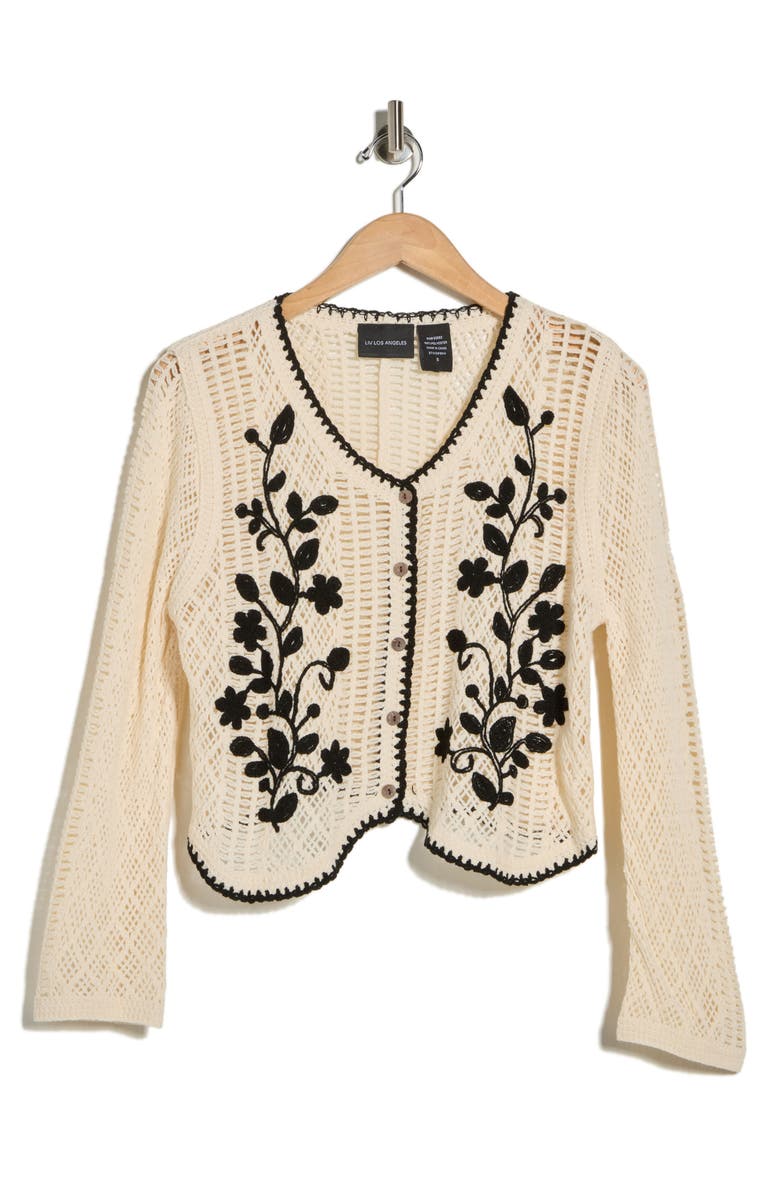 Forgotten Grace Floral Embroidered Open Stitch Cardigan, Alternate, color, Natural/ Black