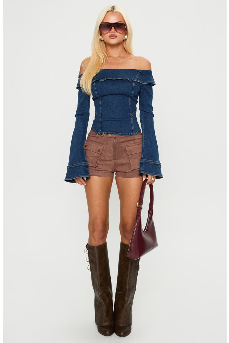 In The Crowd Off the Shoulder Denim Top, Alternate, color, DARK DENIM