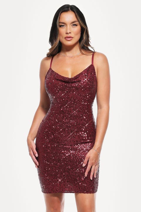 Sequin Cowl Neck Sculpting Mini Dress