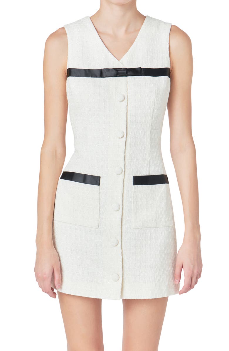 Endless Rose Bow Detail Metallic Tweed Sheath Dress, Alternate, color, Ivory