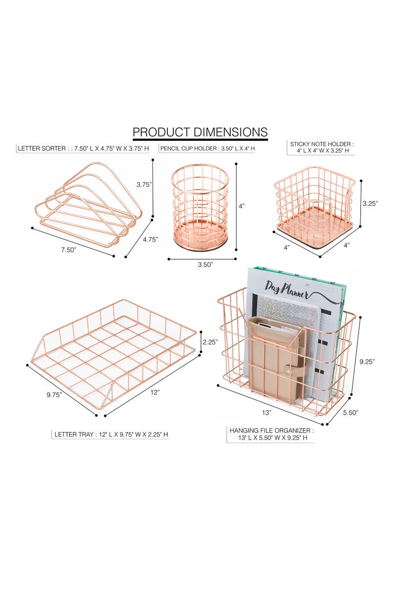 Copper Wire Metal Desk Organizer 5-Piece Set, Alternate, color, COPPER