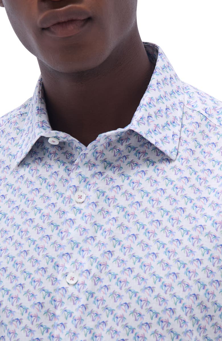Bugatchi Orson Palm Tree Print Short Sleeve Linen & Cotton Button-Up Shirt, Alternate, color, Lilac