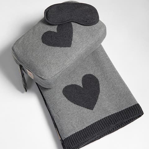 Hearts Reversible Organic Cotton Travel Blanket and Eye Mask Set