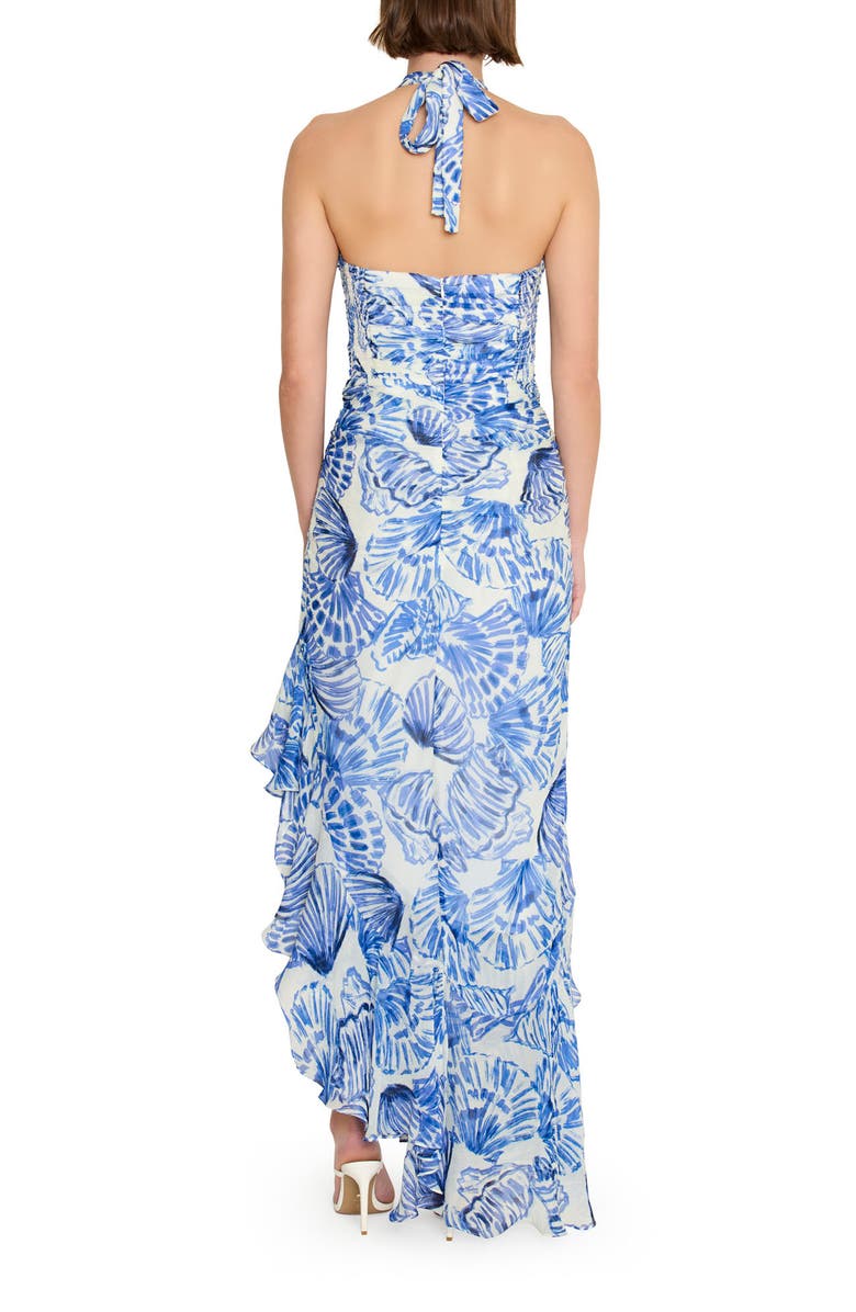 Amanda Uprichard Marabou Ruffle Halter High-Low Cocktail Dress, Alternate, color, Blue Shell Print