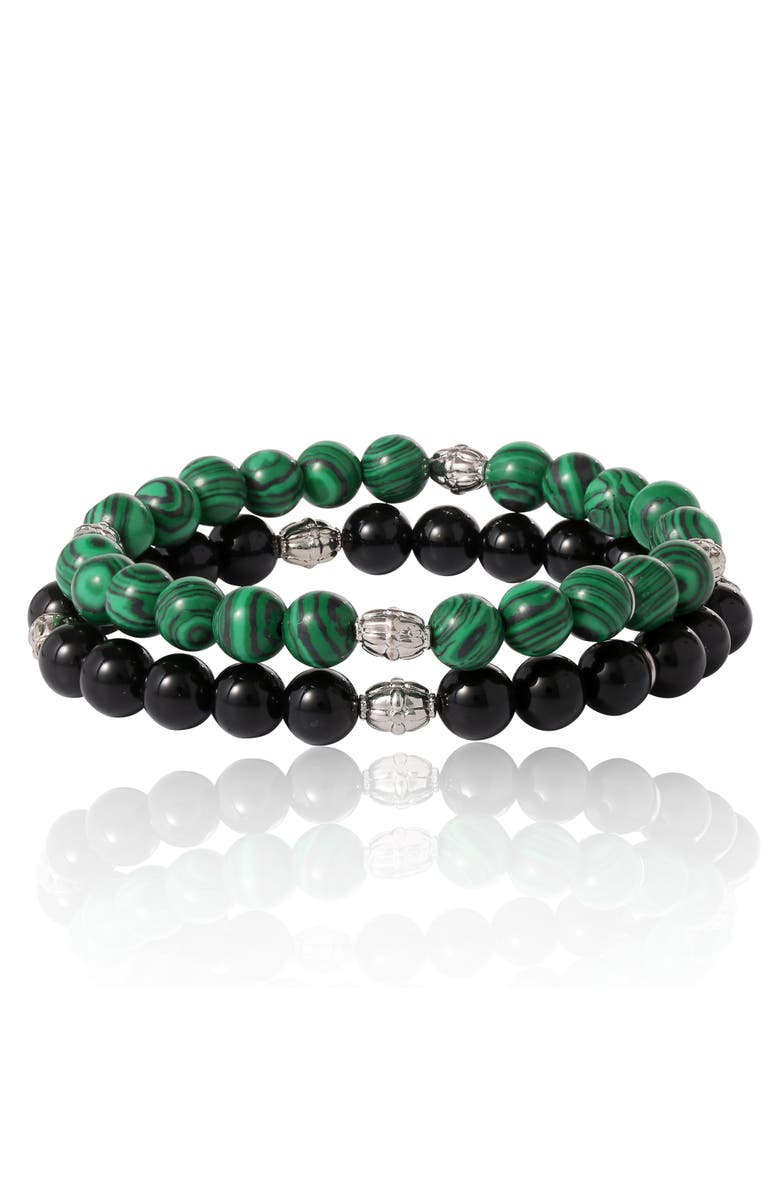 Lucky Brand Two-Piece Stone Beaded Stretch Bracelets, Main, color, Green, Black, Silver