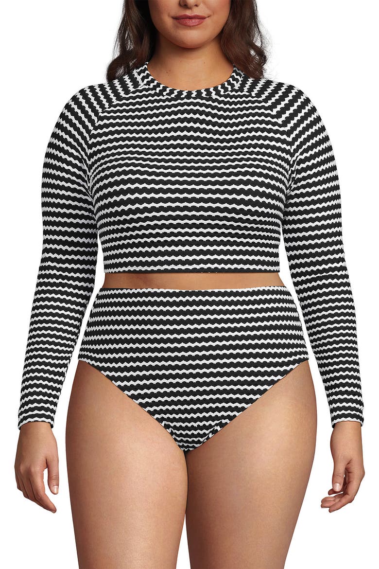 Crochet Long Sleeve Bikini Top and High Waisted Bottoms Swimsuit Set, Alternate, color, Black/White