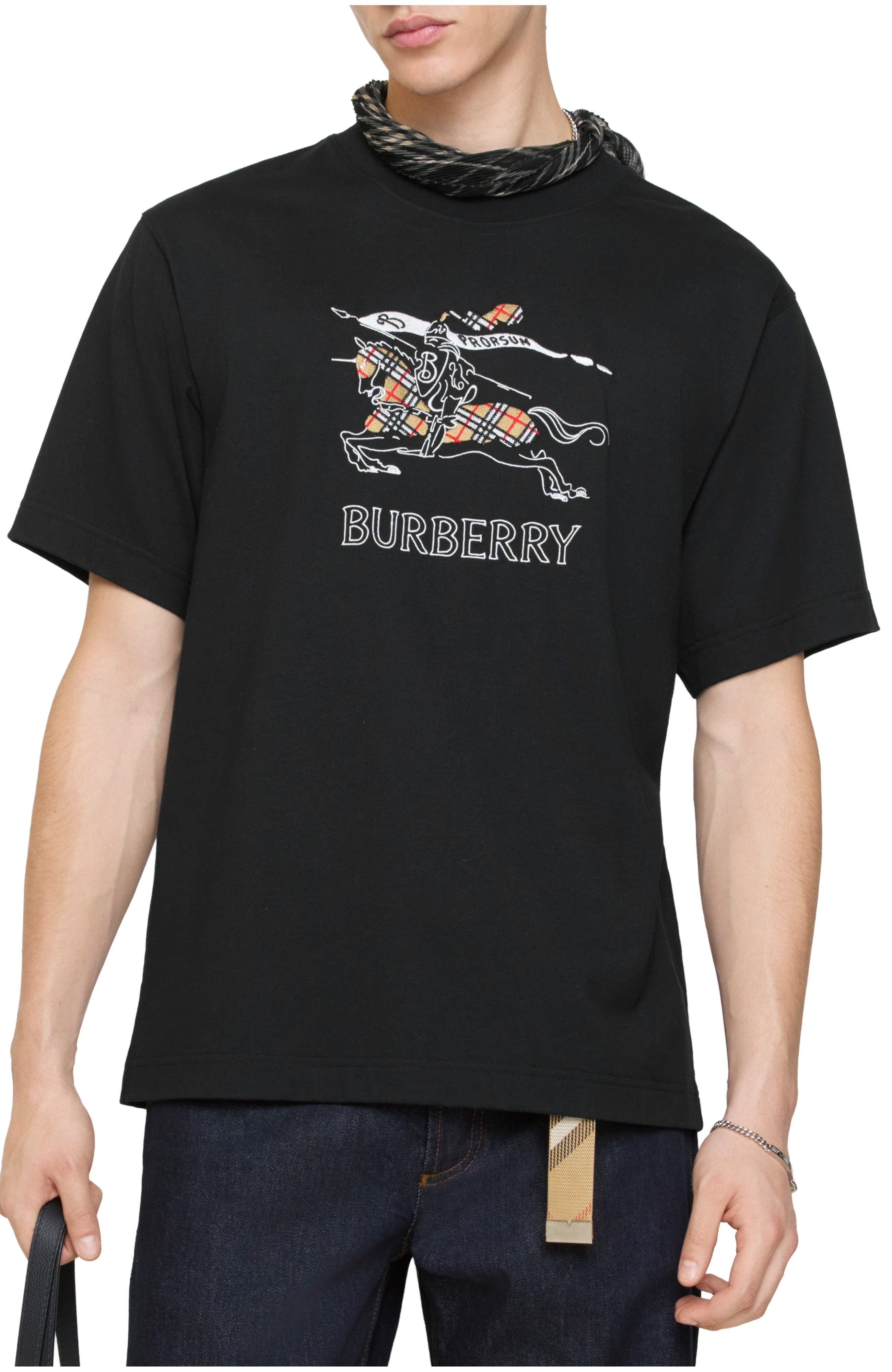 Burberry Equestrian Knight Cotton T-shirt In Black