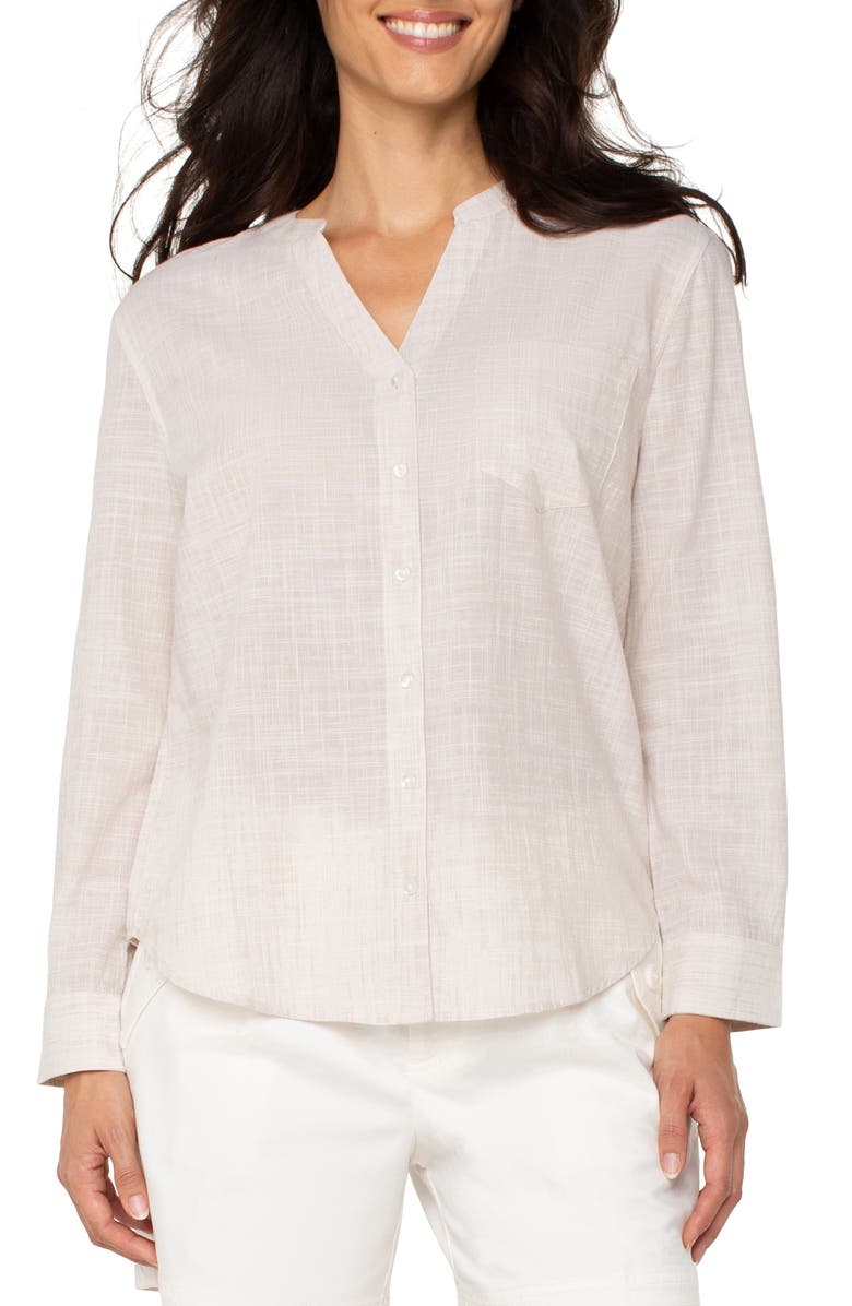 Liverpool Los Angeles Crosshatch Band Collar Cotton Button-Up Shirt, Main, color, Light Tan/White Crosshatch