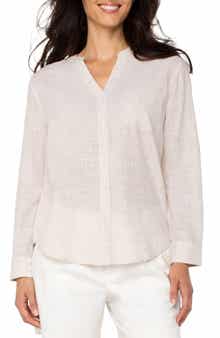 Liverpool Los Angeles Crosshatch Band Collar Cotton Button-Up Shirt