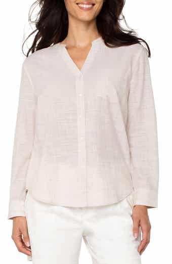 Liverpool Los Angeles Crosshatch Band Collar Cotton Button-Up Shirt