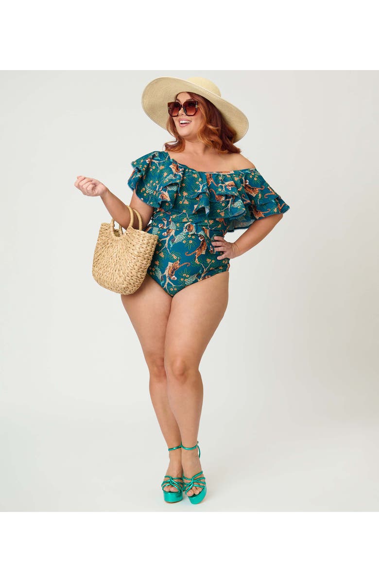 Unique Vintage Off Shoulder Nantucket Swimsuit, Alternate, color, Teal Tiger Print