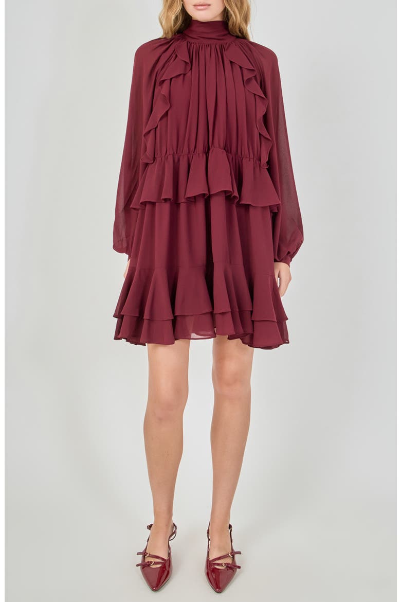Ruffle Tie Back Long Sleeve Chiffon Dress, Main, color, BORDEAUX