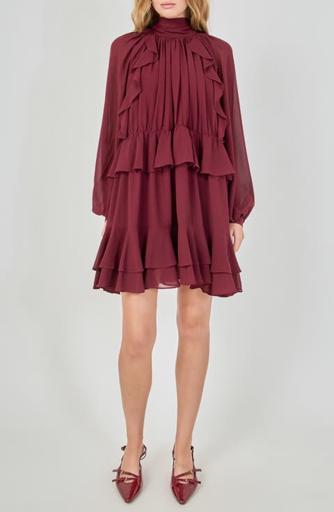 Ruffle Tie Back Long Sleeve Chiffon Dress