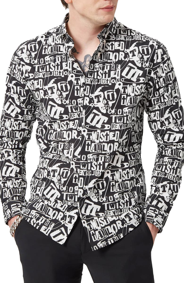 Twisted Tailor Ransom Slim Fit Graphic Punk Cotton Shirt, Main, color, 