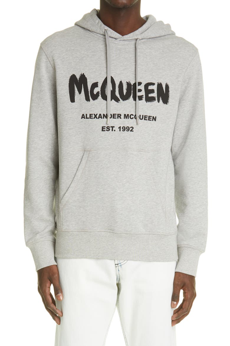 Alexander McQueen Men's Graffiti Logo Hoodie, Main, color, PALE GREY/ BLACK