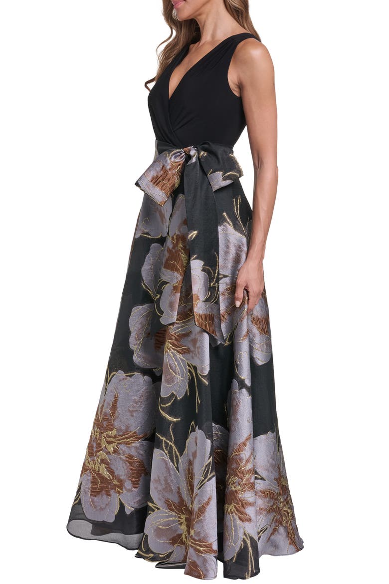 Metallic Floral Jacquard Mixed Media Ball Gown, Alternate, color, BLACK GREY
