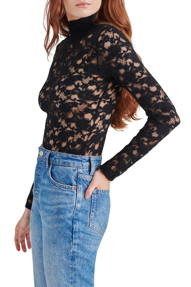 Cassi Lace Long Sleeve Bodysuit, Alternate, color, BLACK