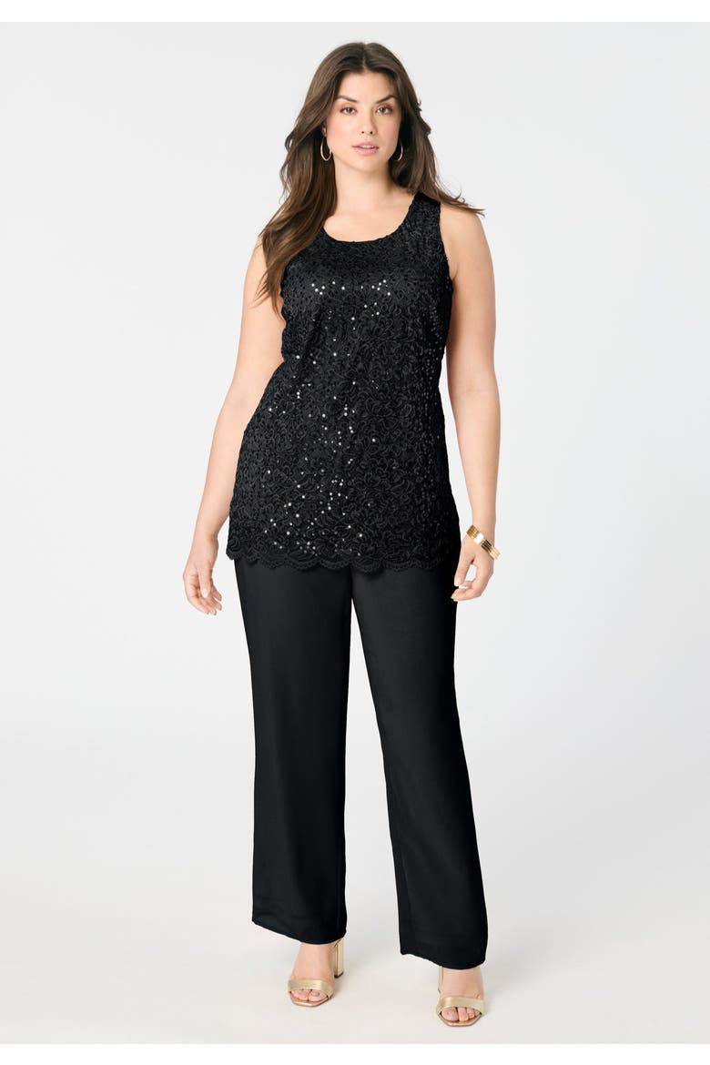 Plus Size 3 Piece Allover Sequin Lace Jacket And Tank Pant Set, Alternate, color, BLACK