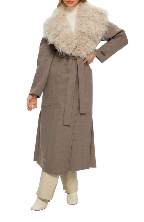 Double Face  Wool And Cashmere Coat with Detachable Genuine Shearling Collar with Belt